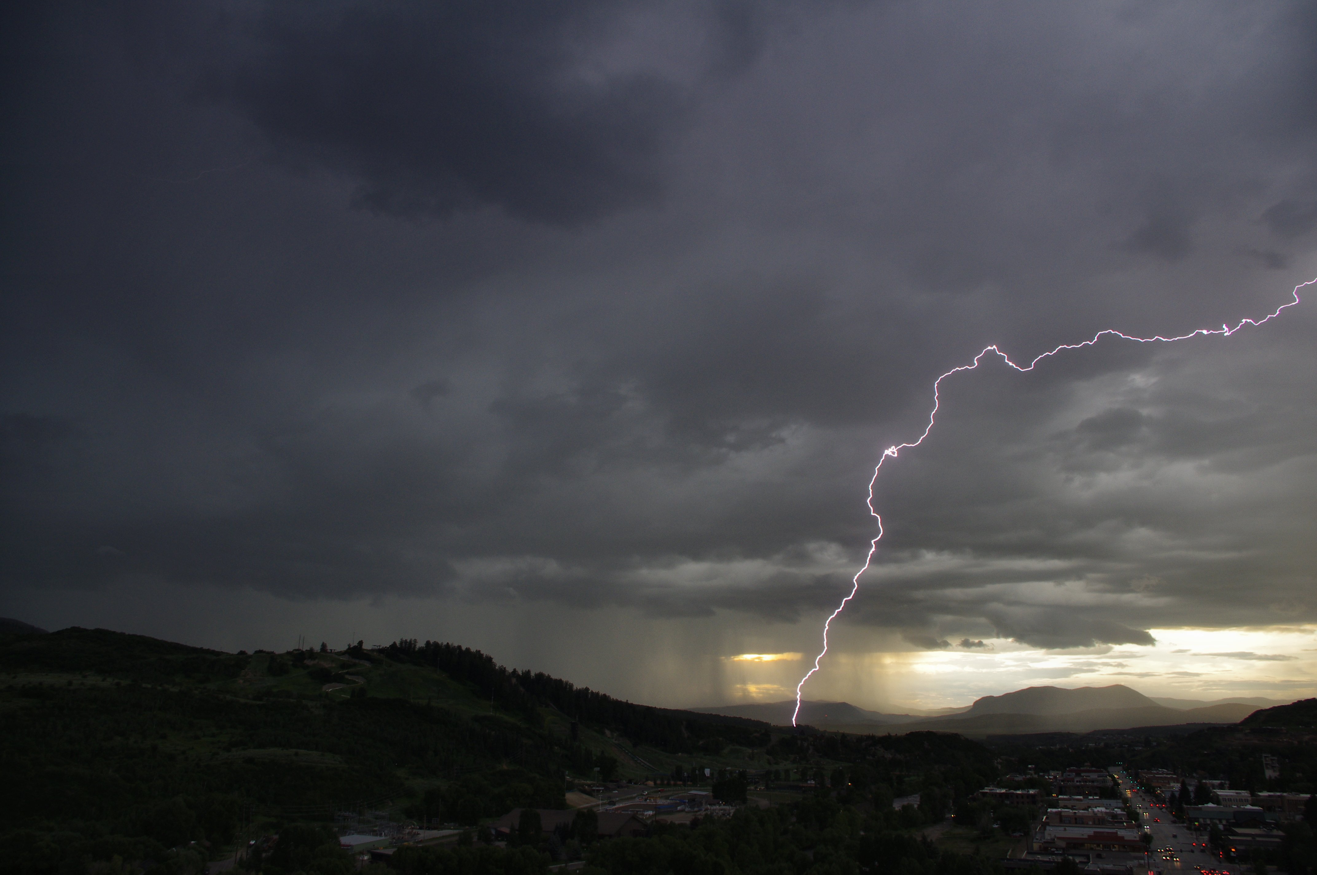 Evening photo of lightning bolt over Steamboat Springs